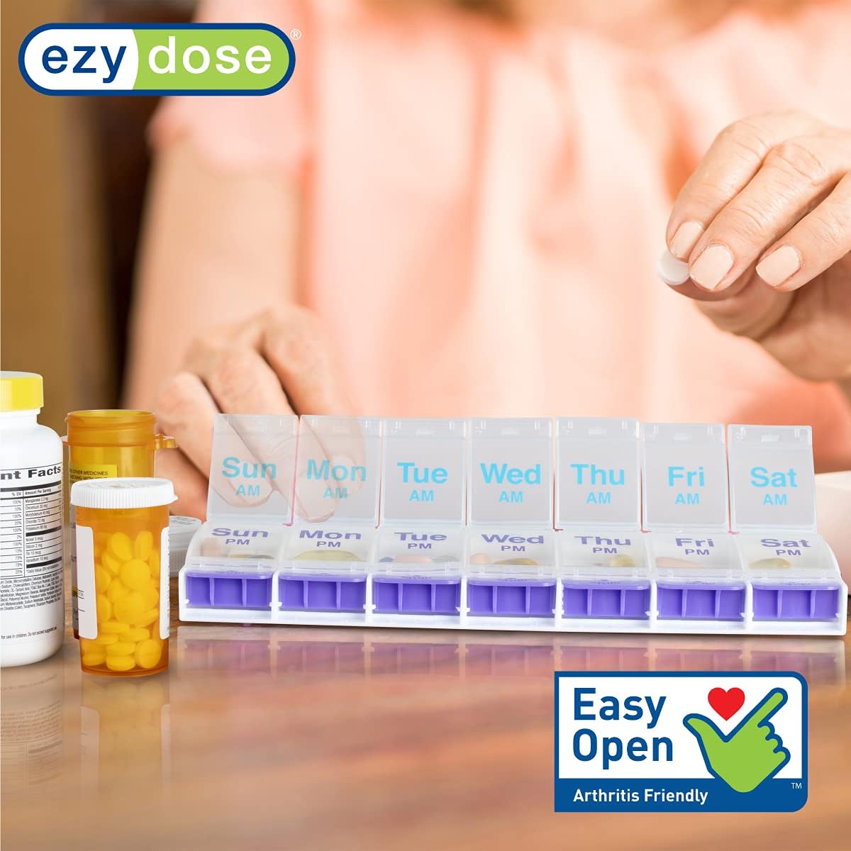 Ezy Dose Weekly (7-Day) Pill Organizer, Vitamin and Medicine Box, 2X-Large Push Button Compartments, 4 Times a Day, Clear Lids - 24hrsmart